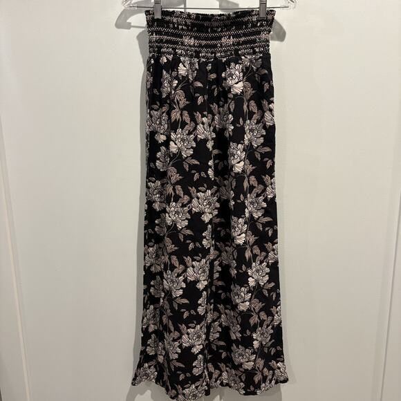 DaHui Hawaii Pants Womens Medium Black White Floral Wide Leg Linen Blend Smocked - Picture 5 of 16